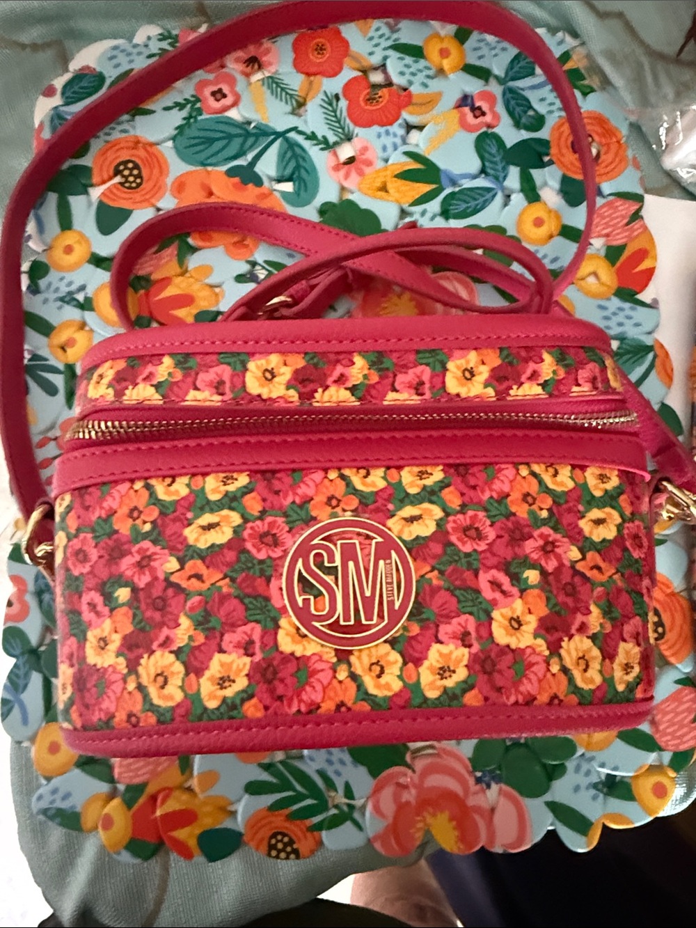 Steve Madden Pink Floral Crossbody Bag with Gold Monogram